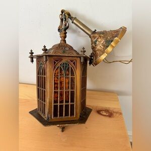Stunning Antique Hanging Gothic Style Hall Lantern circa 1910 Enamel Amber Glass